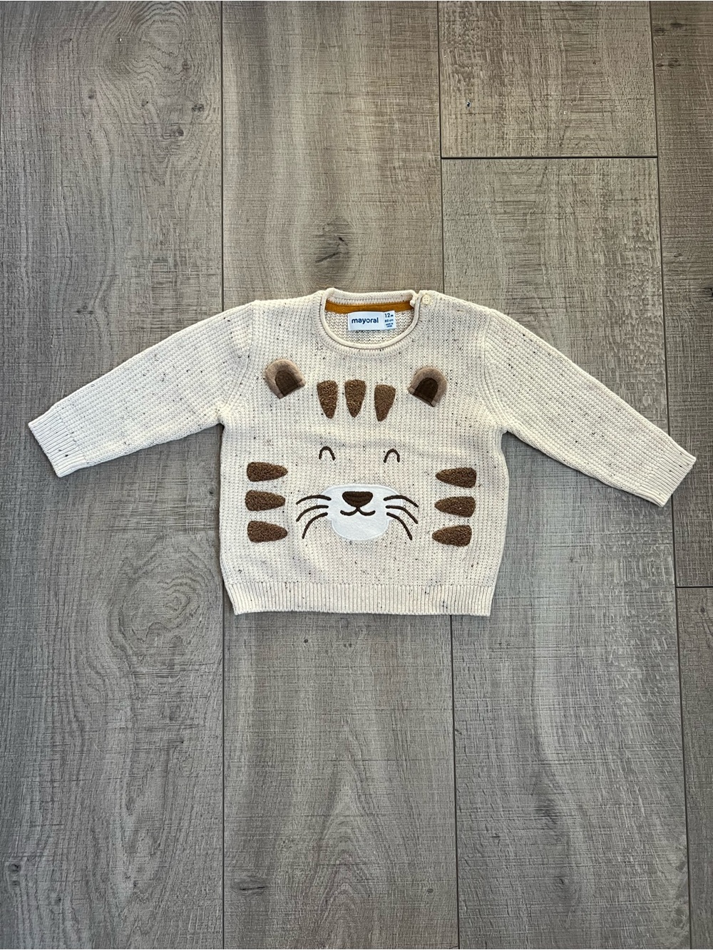 Mayoral Cream Knit Sweater with Brown Tiger Applique Size 12 Months